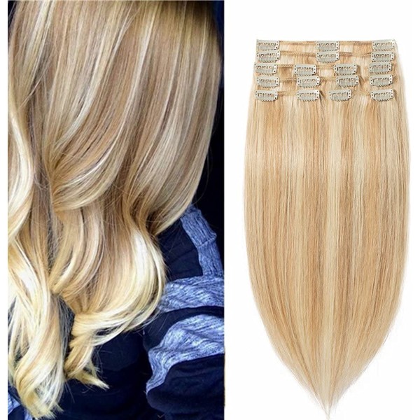 Clip-In Real Remy Real Hair Extensions, 8 Pieces, 18 Clips, Straight, 100 g, 45 cm (18/613 Light Ash Blonde/White Blonde)