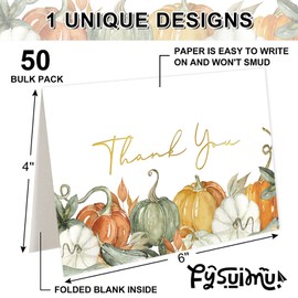 FYSUIMU 50 Pack Fall Thank You Cards Boxed Floral Pumpkin Greeting Cards with Envelopes Stickers Glue Stick Autumn Blank Note Card for Thanksgiving Harvest Party Supplies, 4 x 6 Inch