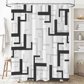 BTTN 96 Inches Extra Long Shower Curtain, 72x96 Inch Long Geometric Waterproof Fabric Shower Curtain Set with 12 Hooks, Tall Modern Abstract Neutral Cloth Shower Curtains for Bathroom, Black and White