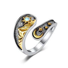 ONEFINITY Sun Moon Ring 925 Sterling Silver Sun Moon Mountain Spoon Ring Vintage Open Adjustable Ring Jewellery Gift for Women Girls Daughters, Precious metal, No Gemstone