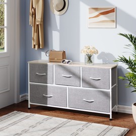 WLIVE Dresser for Bedroom with 5 Drawers, Wide Chest of Drawers, Fabric Dresser, Storage Organization Unit with Fabric Bins for Closet, Living Room, Hallway, Light Grey