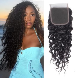 Sexycat Water Wave 4x4 Lace Closure Human Hair 16 Inch Deep Curly Natural Hairline Ear to Ear Lace Closure Pre Plucked with Baby Hair Natural Color