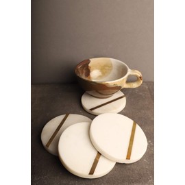 GoCraft Marble Brass Insert Coasters | Handcrafted White Marble Coasters with Brass Lining on Front for Your Drinks, Beverages & Wine/ Bar Glasses (Set of 4)