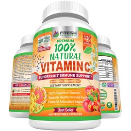 Fresh Healthcare 100% Natural Vitamin C - 500mg from Rose HIPS, Acerola Cherry & Camu Camu - High Absorption Immune Support, Skin, Joint & Collagen Booster with Citrus Biflavonoids - 120 Capsules