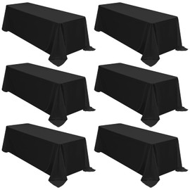 6 Packs Tablecloth 90 x 132 Inch, Black Polyester Table Cloth for 6ft Rectangle Tables, Stain and Wrinkle Resistant Washable Fabric Table Cover for Wedding Banquets Parties Buffet Dining Table