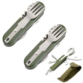 Snowtain Set of 2 outdoor German armed forces cutlery, stainless steel camping cutlery with belt bag, stainless steel folding cutlery, outdoor survival travel cutlery, hiking cutlery set for picnics,