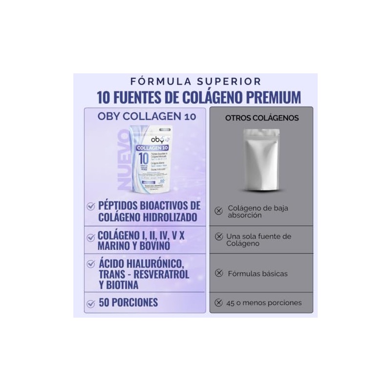 OBY Colágeno Hidrolizado 10 Fuentes con Resveratrol y Biotina Polvo