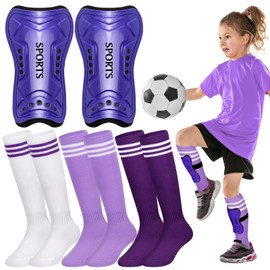 Liliful 4 Pcs Soccer Shin Guards Set for Girl Kids Youth Include 1 Shin Guards & 3 Sport Socks Protective Lightweight Gear Leg Pads Gear for 3-15 Girls Boy Children Teens(Dark Purple,S)