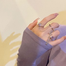 GIGB PBDK Purple Crystal Chain Knuckle Ring Sets Chunky Silver Open Adjustable Square Zircon Rings Geometric Finger Rings Set Y2k Jewelry Gifts (Purple)