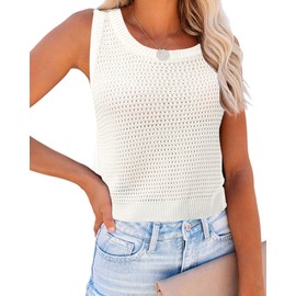 FISACE Womens Summer Knit Sweater Tank Tops Round Neck Crochet Hollow Out Sleeveless Casual Crop Shirt White