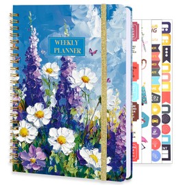 Undated Weekly Planner, A5 Weekly To Do List Notebook with Habit Tracker Spiral Binding Weekly Planner Notebook with Stickers Home Work School Supplies, Purple Flower