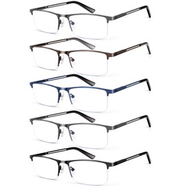 KONHAGO Blue Light Blocking Reading Glasses for Men, Half Frame Metal Readers Spring Hinge Eyeglasses Anti Eyestrain/Glare/UV