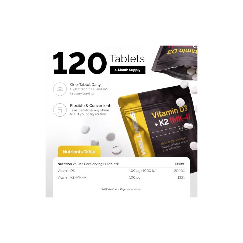 Vitamin D3 4000 IU & K2 MK-4 100μg, Supports Bone,