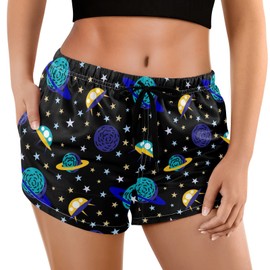 visesunny Women's Board Shorts Space Saturn Galaxy Space Floral Beach Swim Shorts with Pockets Summer Bottom