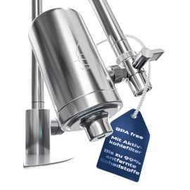 VILTARO® Water Filter Tap - Drinking Water Filter with Activated Carbon Filter, Filter Tap Including Filter Cartridge - BPA Free, Stainless Steel, Easy Assembly, Removes Harmful Substances, Only 2