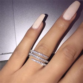 AZQ 925 Sterling Silver Shiny Full Diamond Ring Three Rows Cubic Zirconia Cocktail Rings CZ Diamond Multi Row Ring Eternity Engagement Wedding Band Ring for Women TZ.35, US Code 7, Zirconia,925