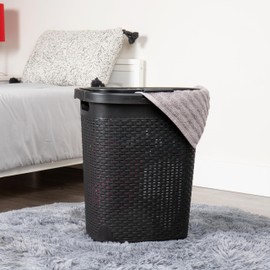 Mind Reader 50L Slim Laundry Hamper, Clothes Basket, Lid, Wicker Design, Plastic, 17.65"L x 13.75"W x 21"H, Black