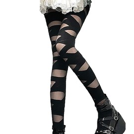 Mingnos Women's Sheer Striped Tights, Sheer and Opaque Cross Thick Bandaged Patterned Tights Funky Goth Pantyhose Stockings Black