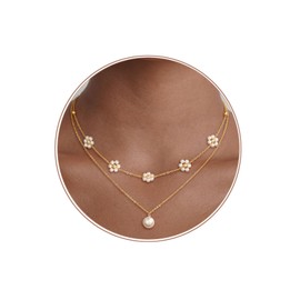 Gold Pearl Necklace for Women, 14K Gold Plated Layered Daisy Pearl Necklaces for Women Trendy Simple Cute Necklace Jewelry Gifts for Women-Daisy