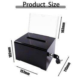Lockable Donation Box, 15.7 x 11.5 x 10.2 cm, Secure Suggestion Box, Ballot Box Black with Key Lock, for Sweepstakes, Votes, Business Cards, with Sticker