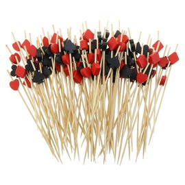 ZZHXSM 100pcs Black and Red Poker-Shaped Bamboo Cocktail Picks Fruit Food Burger Toothpicks Cupcake Decorations Sandwich Appetizer Skewers Drink Garnish Casino Party Decor Sticks