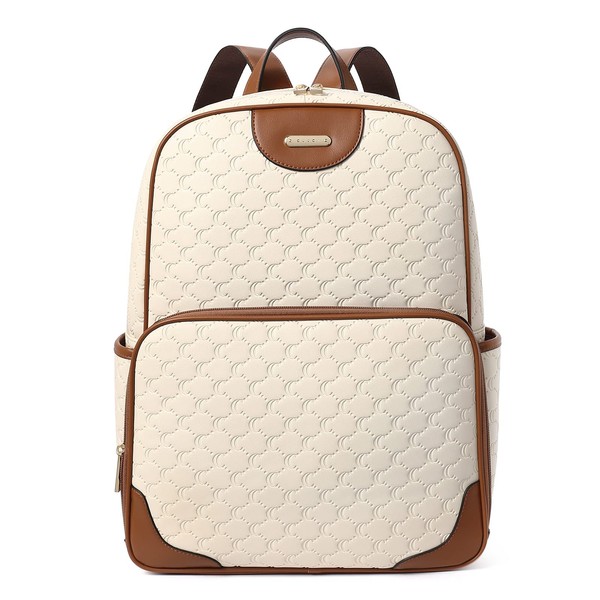 CLUCI Womens Laptop Backpack Leather 15.6 Inch Computer Backpack Large Travel Daypack Business Vintage Bag Embossed Off-white with Brown