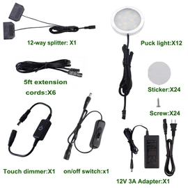 AIBOO LED Under Cabinet Lighting, 12V Under Counter Lights, Touch Dimming Puck Lights, Hardwired or Plug in with UL Listed Adapter, Updated Home Light, Accent Lights 24W (12 Lights Daylight White)
