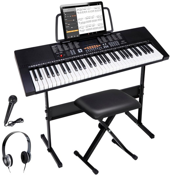 ZENY 61-Key Portable Electric Keyboard Piano with Built In Speakers, LED Screen, Headphones, Microphone, Piano Stand, Music Sheet Stand and Stool