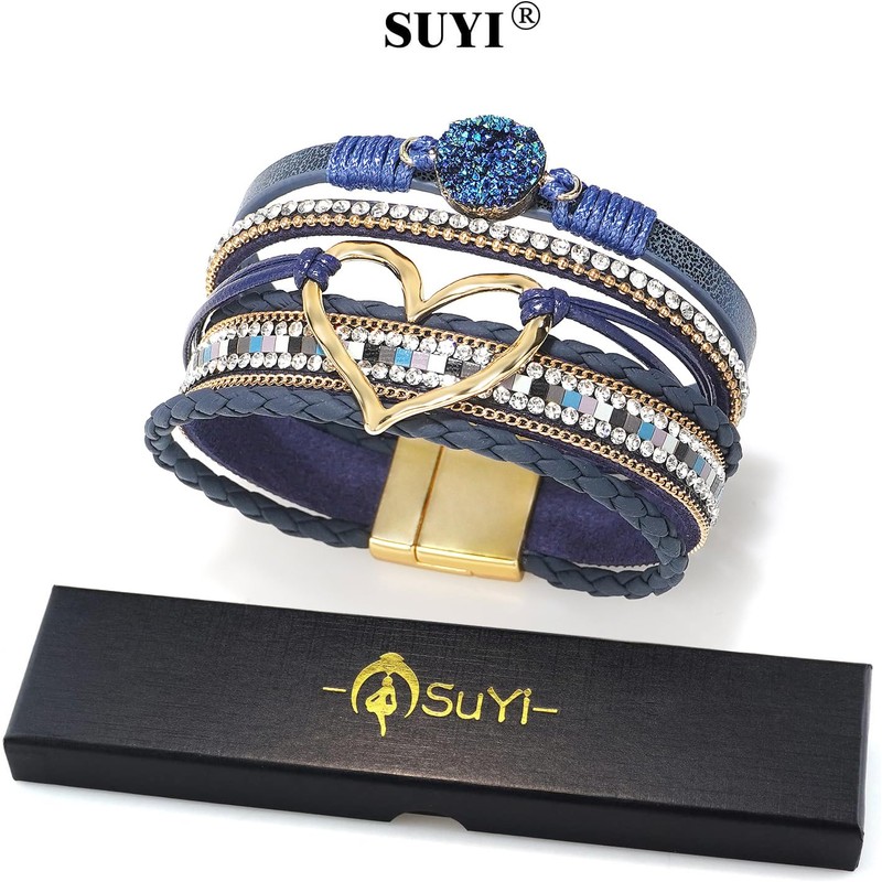 Suyi Multilayer Leather Wrap Bracelet Heart-Shape Wide Cuff Bracelets for