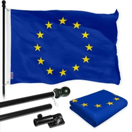 UD_G128 Combo Pack: 6 Ft Tangle Free Spinning Flagpole (Black) & European Union Flag 3x5 Ft Printed 150D Polyester, Brass Gromme