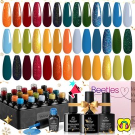 Beetles Gel Polish Colors Red Green Blue Orange Fall Autumn Gel Nail Polish Set with Base Gel Top Coat Soak off UV Golden Glitter Glossy Nail Kit Gifts for Women Girls - Color: 23 Pcs 20 Colors Pool Party Gel Polish