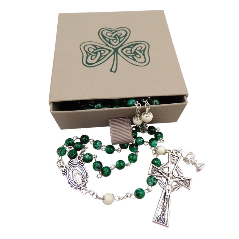 Westmon Works Irish First Holy Communion Rosary with Green Glass