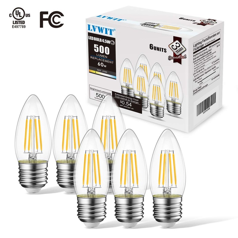 LVWIT B11 LED Filament Bulb E26 Candelabra Base 4.5W(60W Equivalent),
