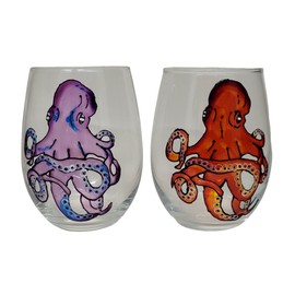 Purple and Red Octopus Stemless Wine Glasses Set of 2 Beach Home Decor