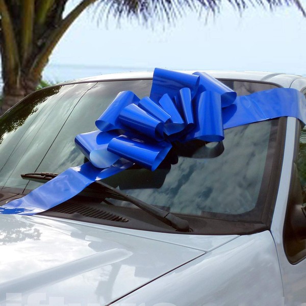 Big Royal Blue Car Bow - 25" Wide, Fully Assembled, Large Ribbon Gift Decoration, Veteran's Day, Christmas, Birthday, Graduation, Store Front Display, 4th of July