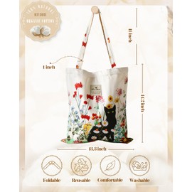 Miss Adola Aesthetic Cotton Tote Bag for Women - Reusable Grocery Bag with Buckle Flower Cats Fabric Shoulder Bag for Shopping, Gym, Travel, Work