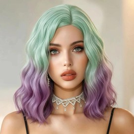 Short Bob Wavy Curly Wig Light Green Ombre Purple Wig For Women Cosplay Halloween Wigs Heat Resistant Bob Party Wig Include Wig Cap (Light Green Ombre Purple)