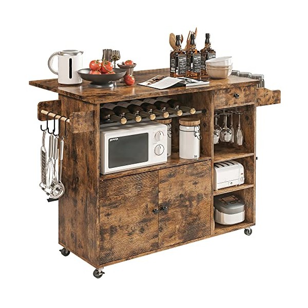 IRONCK Rolling Kitchen Island Cart with Drop-Leaf and Wine Rack, Microwave Rack Serving Cart on Wheels with Drawer & Shelves & Spice Rack & Cup Hanging, Vintage Brown