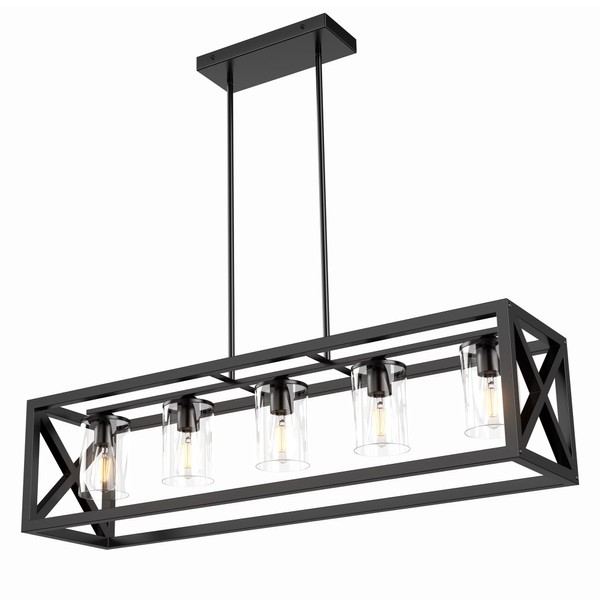 Espird Farmhouse Chandelier Rectangle Black, 5 Light Kitchen Island Cage Linear Pendant Lights Industrial Ceiling Light with Glass Shade & Adjustable Rods, Dining Room Lighting Fixtures Over Table