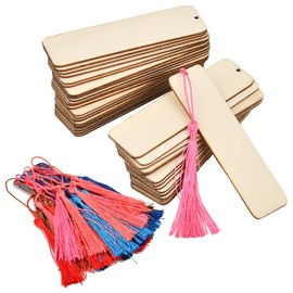 BUYGOO 72Pcs Wooden Blank Bookmarks with String and Holes, Including 36pcs DIY Wooden Unfinished Blank Craft Bookmarks and 36pcs Craft Tassels Rectangle Wood Bookmarks for DIY Crafts Book Lovers