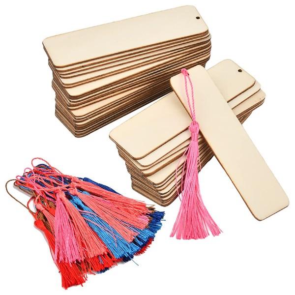BUYGOO 72Pcs Wooden Blank Bookmarks with String and Holes, Including