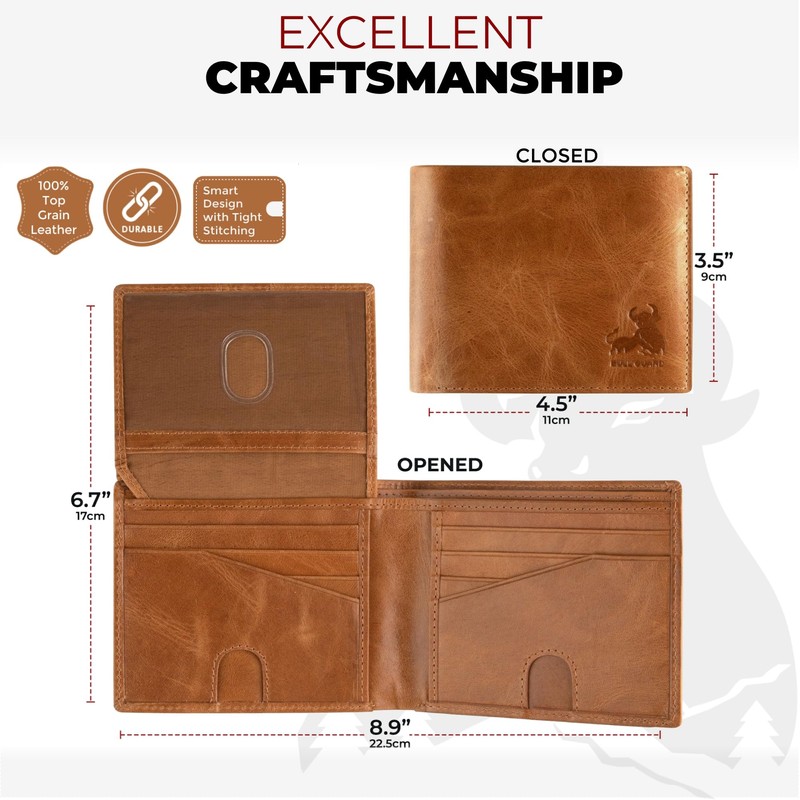 BULL GUARD Mens Leather Wallet Bifold with ID Window and