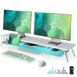 Fenge Dual Monitor Stand for Desk, 2 Tiers Monitor Riser with Acrylic Shelf & App Control LED Lights, 42.5 Inch Wood and Aluminum Desk Shelf with Phone and Tablet Holder