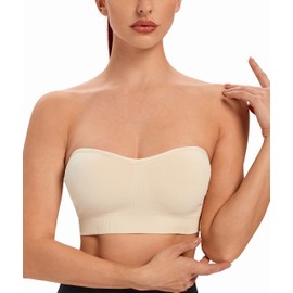 ANGOOL Bandeau Strapless Bra Women's without Underwire Padded Bralette Bra Seamless Tube Top Bra with Transparent Straps, beige