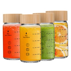 Olivego 10oz Juice Bottles - 4 Pack Wide Mouth Glass Bottles with Lids- BPA Free, Bamboo Lids for Juicing, Smoothies, Infused Water, Beverage Storage - Leakproof, Borosilicate, Clear