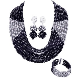 aczuv 8 Lines Statement Strand Necklaces Nigerian Wedding African Beads Jewelry Set Crystal Bridal Jewelry Sets (Black Silver)