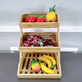 FixtureDisplays 3 Tier Fruit Basket Stand, Bamboo Clear Varnish, Countertop Storage Display Rack