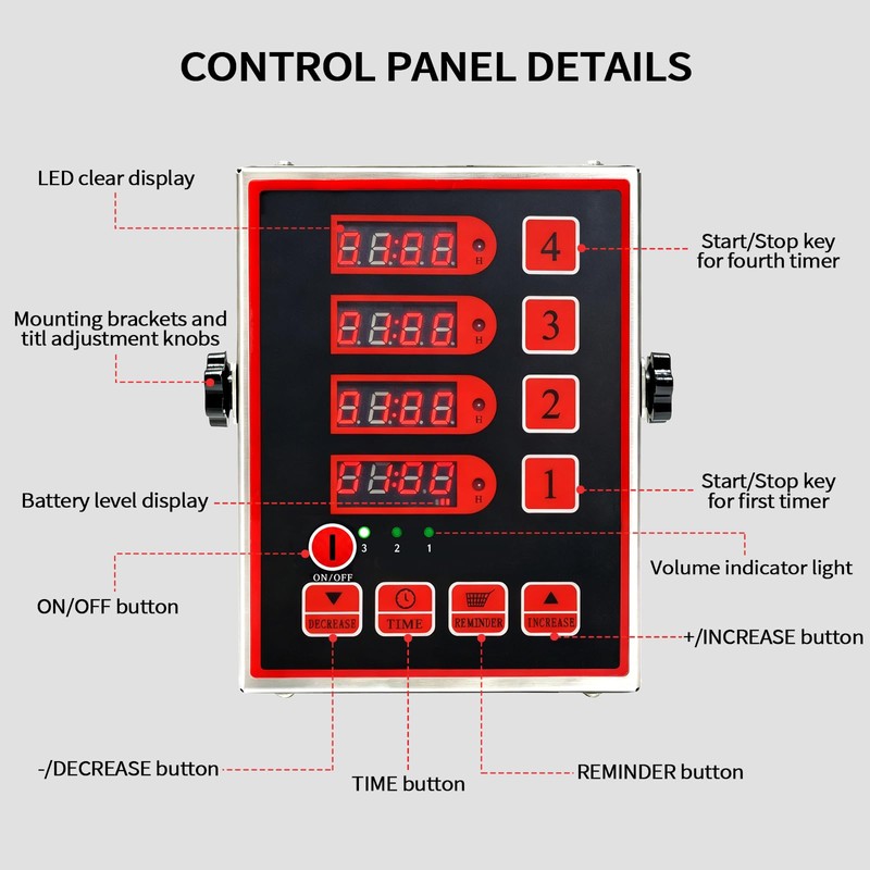 HUOYANSHE Commercial Kitchen Timer, 4-Channel Rechargeable Digital LED Stainless Steel