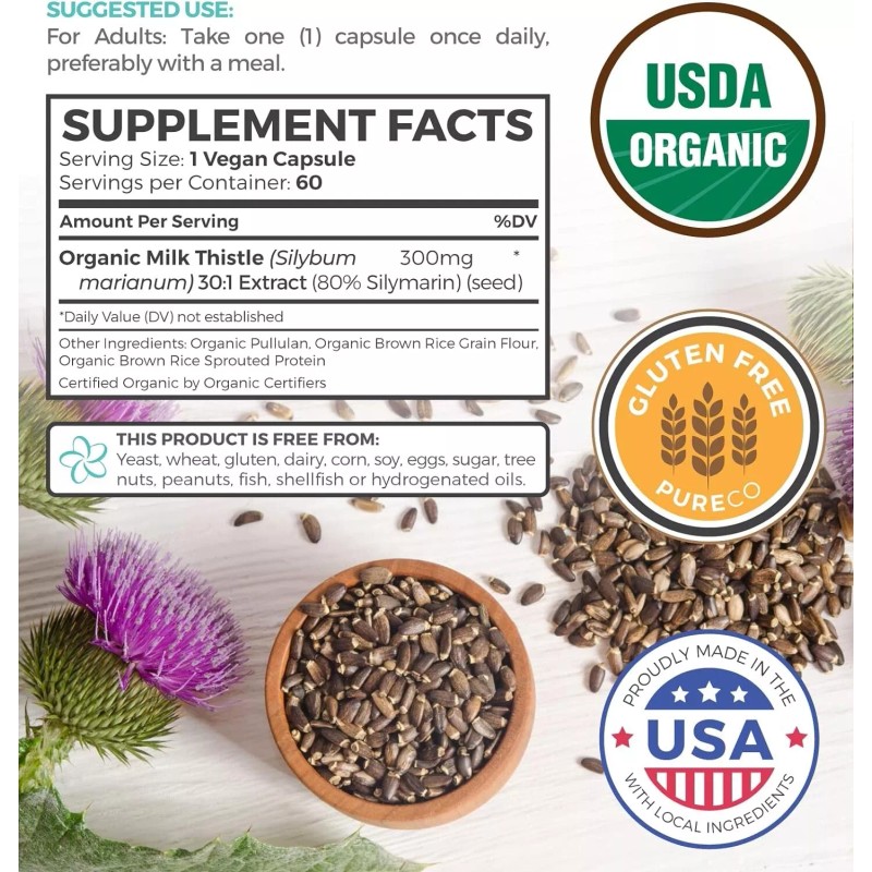 PureCo Organic Milk Thistle Capsules 80% Silymarin 9,000mg of Milk