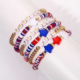 FAERLIIRY 4th of July Bracelets Red White Blue American Flag USA Clay Beaded Bracelet Heishi Stretch Stackable Bracelets Patriotic Friendship Bracelet Surfer Preppy Summer Beach Jewelry (American-C6)